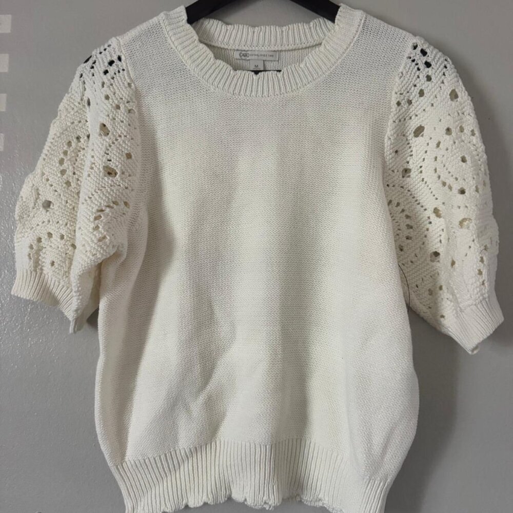 Cato Cream Knit Sweater with Crochet Puff Sleeves